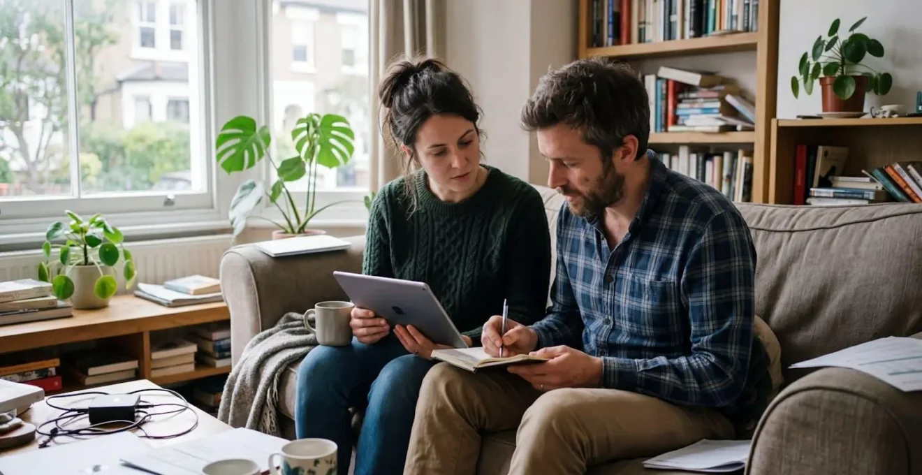 Un couple trentenaire assis sur un canapé, l'un consulte une tablette pendant que l'autre prend des notes sur un carnet, dans un salon lumineux