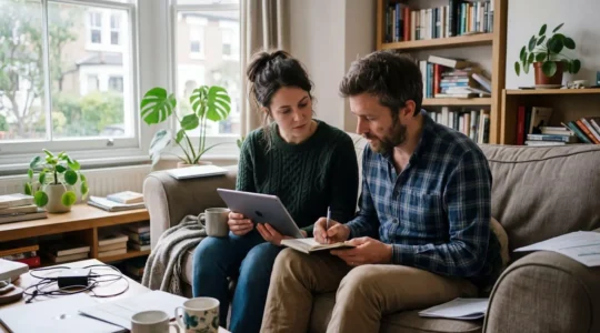 Un couple trentenaire assis sur un canapé, l'un consulte une tablette pendant que l'autre prend des notes sur un carnet, dans un salon lumineux