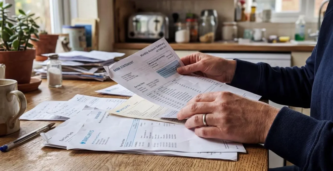 Des mains tiennent des documents papier et des relevés bancaires sur une table de cuisine en bois