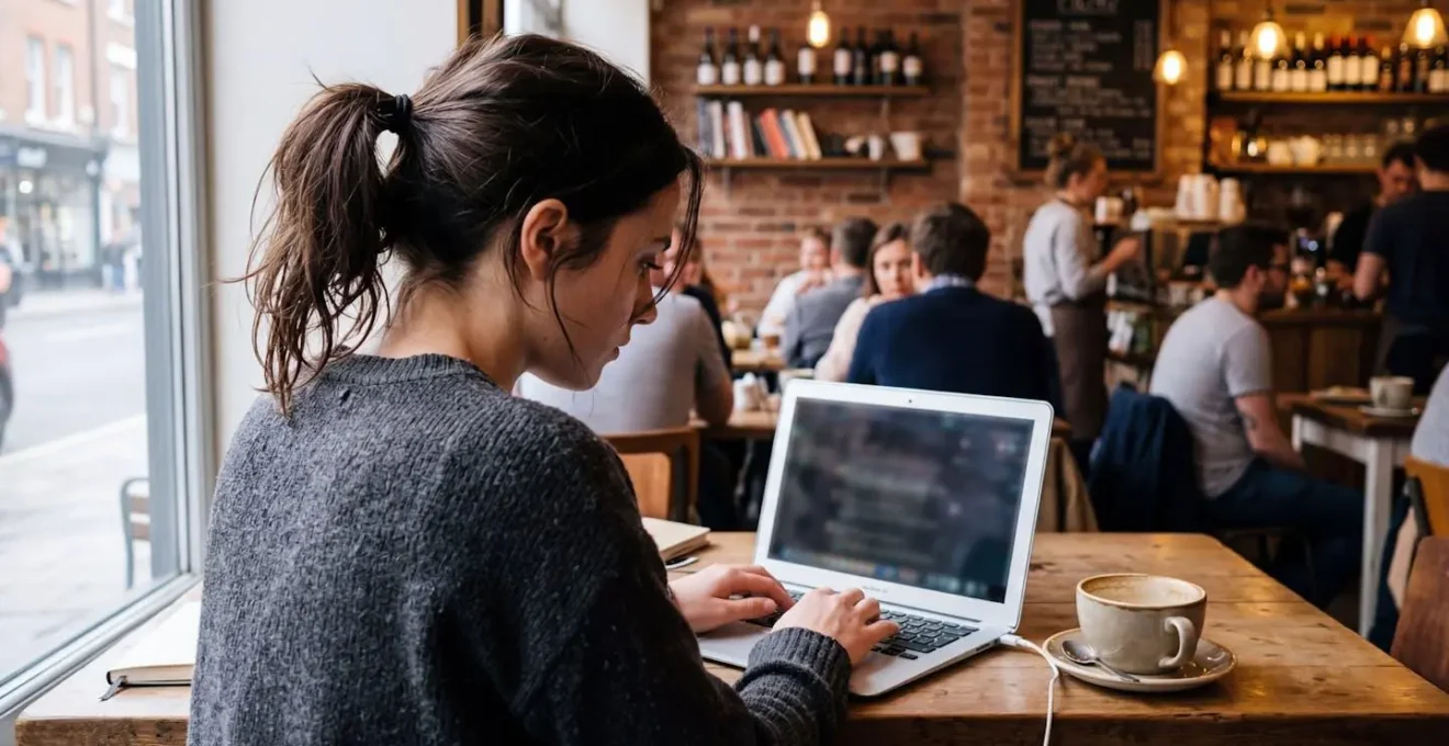 Une personne seule devant un ordinateur portable dans un café, expression concentrée, une tasse de café à côté