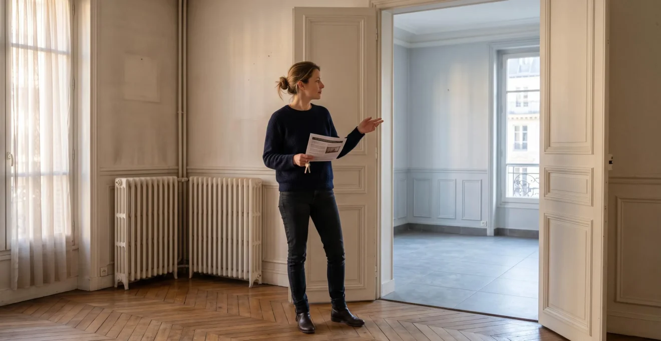 Un acheteur visite un appartement vide et observe la pièce par la lumière des fenêtres, comparant deux logements semblables