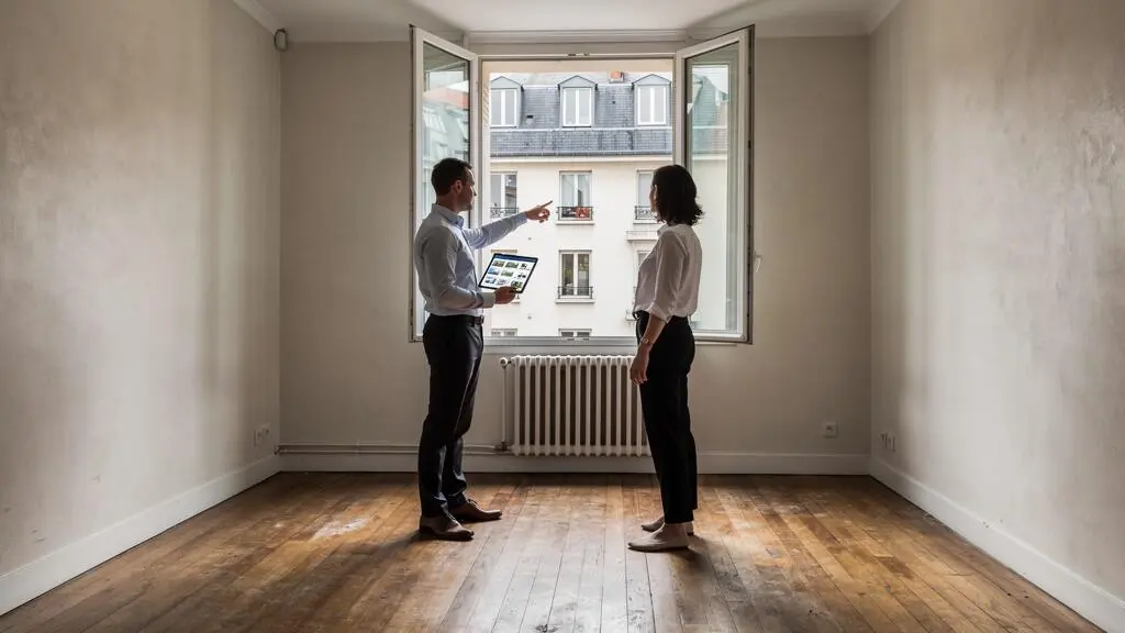 Un agent immobilier et un acheteur examinent le salon vide d'un appartement à vendre en comparant les biens voisins sur une tablette.