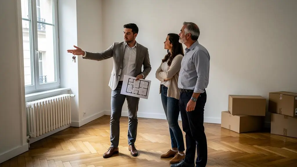 Un agent immobilier fait visiter un appartement vide à un couple, les clés et un plan en main, dans la lumière naturelle d'une fenêtre.