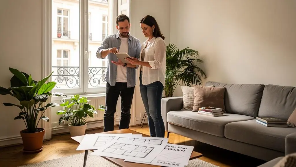 Un propriétaire et un conseiller immobilier discutent d'une annonce immobilière sur une tablette dans un appartement lumineux.