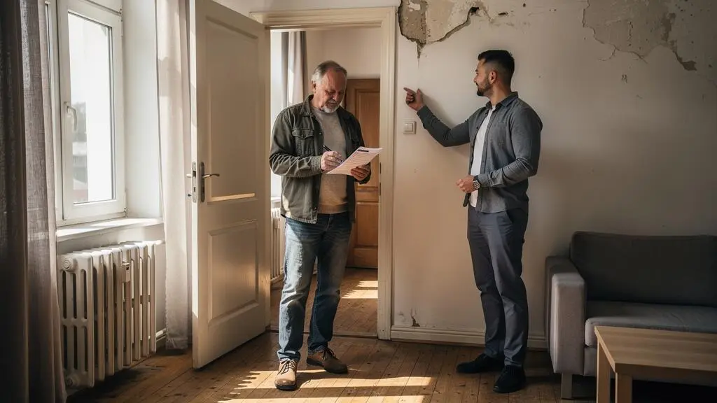 Un propriétaire et son locataire inspectent ensemble l'état d'un appartement lors d'un état des lieux