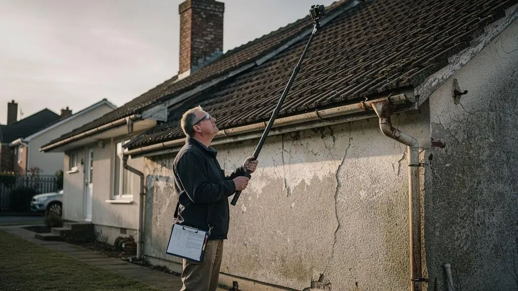 Un inspecteur immobilier examine la toiture d'une maison ancienne avec une perte télescopique depuis le jardin.