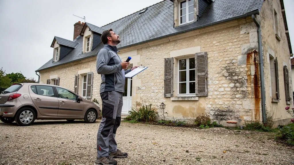Un inspecteur immobilier examine la toiture et la façade d'une maison ancienne en pierre depuis le jardin, un porte-bloc-notes à la main.