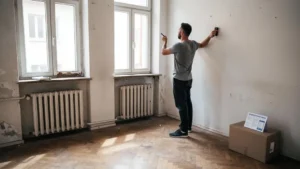 Un investisseur mesure la superficie d'un salon d'appartement vide avec un télémètre laser lors d'une visite d'achat.