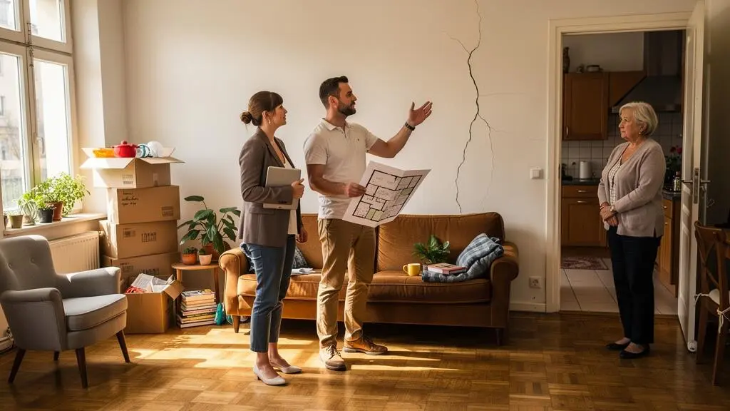 Un acheteur discute avec un agent immobilier et un vendeur dans le salon d'un appartement en vente, près d'un mur présentant des fissures visibles.