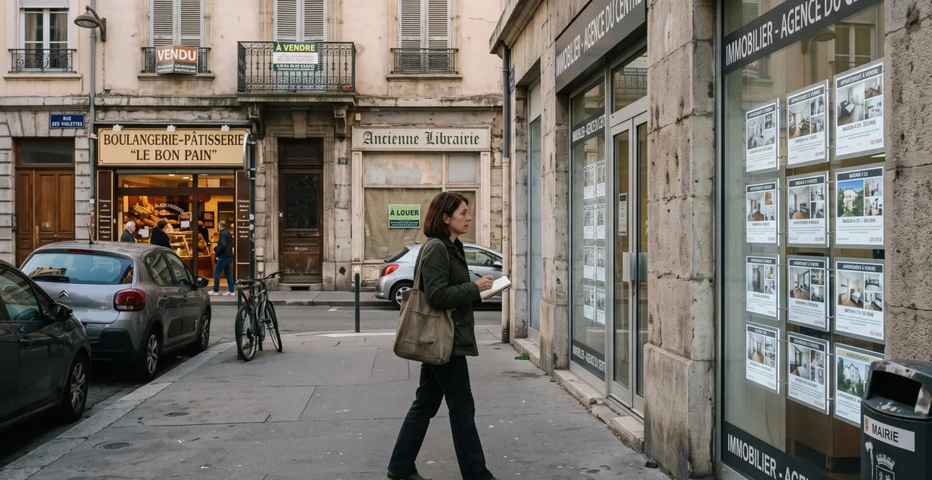 Une personne observant les vitrines d'une agence immobilière et les panneaux à vendre d'une rue résidentielle, carnet en main.