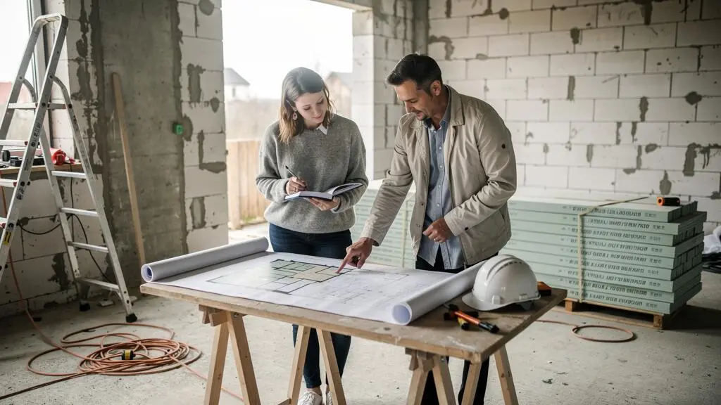 Un propriétaire et un architecte examinent des plans de construction posés sur une table pliante au milieu d'un chantier de maison en cours.