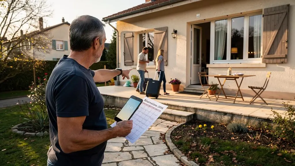 Un propriétaire accueille deux voyageurs avec leurs valises devant la terrasse d'une maison de vacances, un smartphone et un calendrier de réservations en main.
