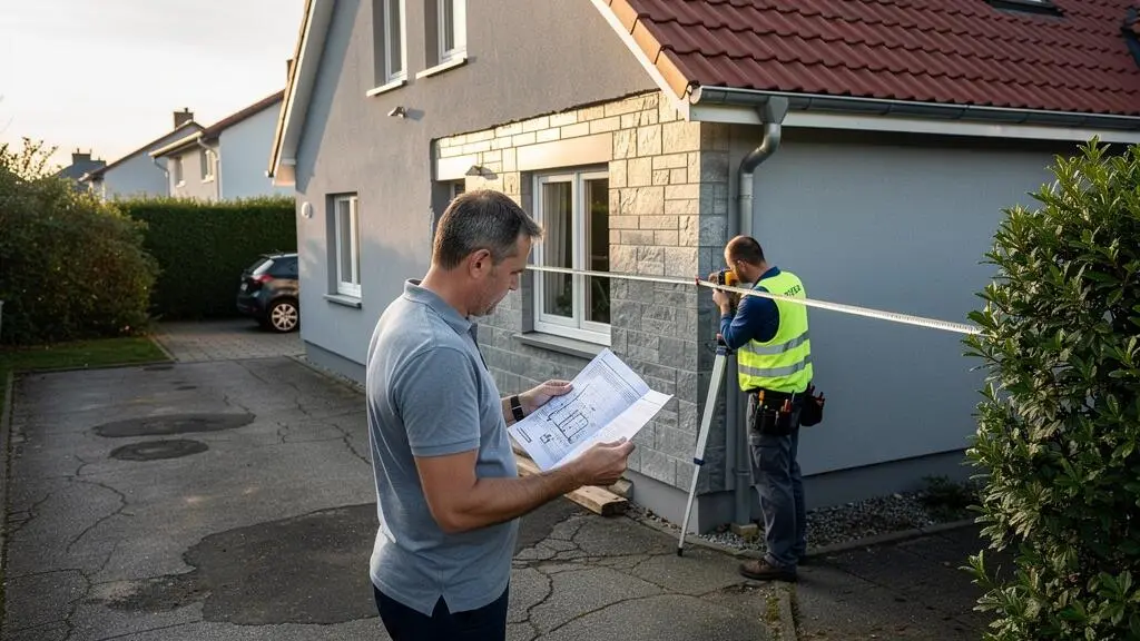 Un propriétaire compare un document d'urbanisme avec la façade de sa maison pendant qu'un géomètre prend des mesures près d'une extension récente.