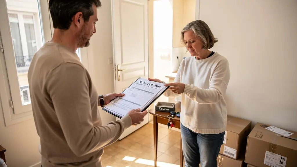 Un candidat remet un dossier de location organisé à un propriétaire dans l'entrée d'un appartement à la fin d'une visite.