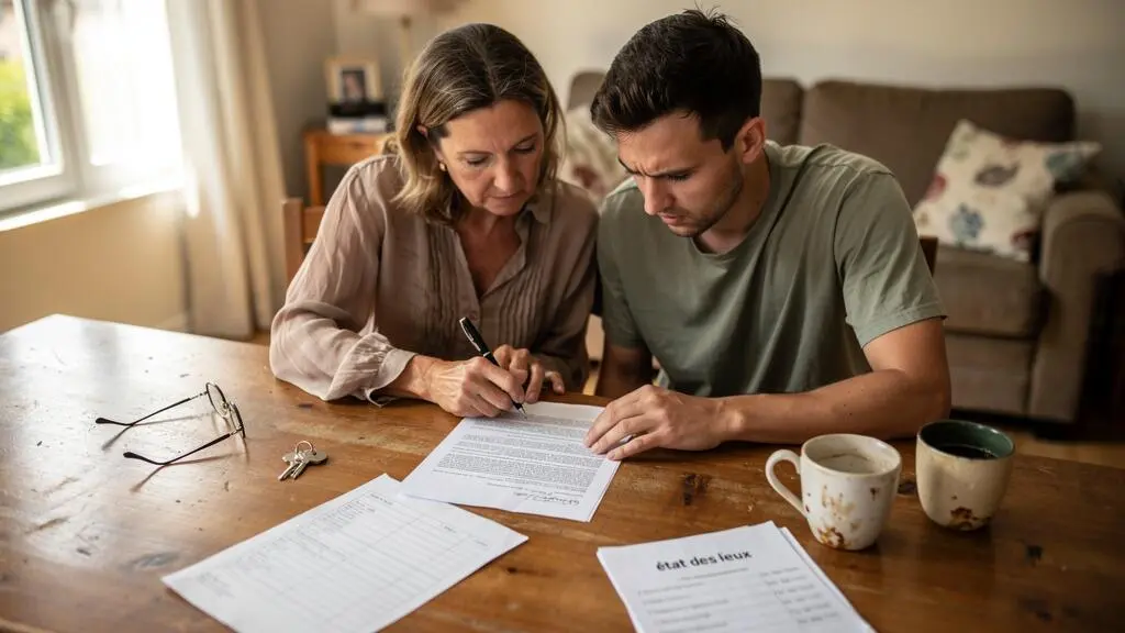 Un propriétaire et une locataire signent ensemble un contrat de location posé sur une table dans un appartement, entouré des documents d'état des lieux.