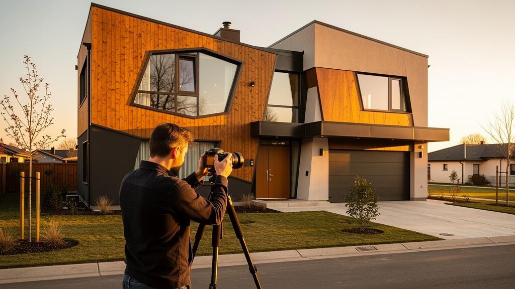 Photographe immobilier prenant une maison d'architecte atypique entourée d'un vaste jardin, illustration de la valorisation d'un bien singulier en ligne.