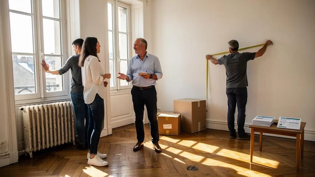 Un propriétaire pose des questions à deux acheteurs potentiels pendant la visite d'un appartement lumineux avec parquet en bois.