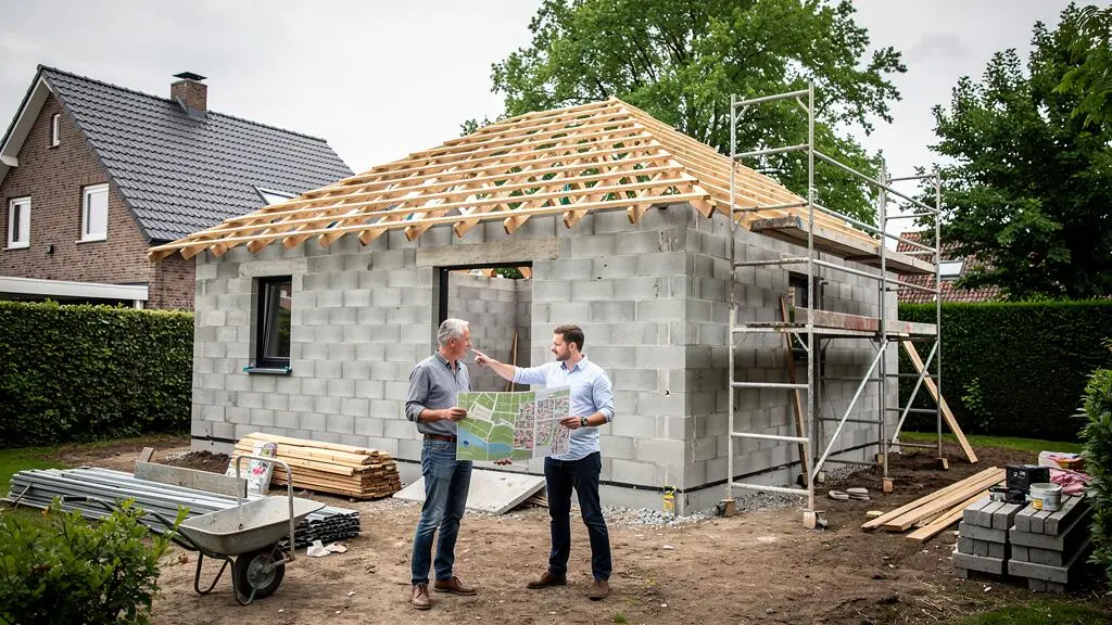 Un propriétaire et un architecte comparent un plan de zonage avec une extension de maison en construction dans un jardin résidentiel.