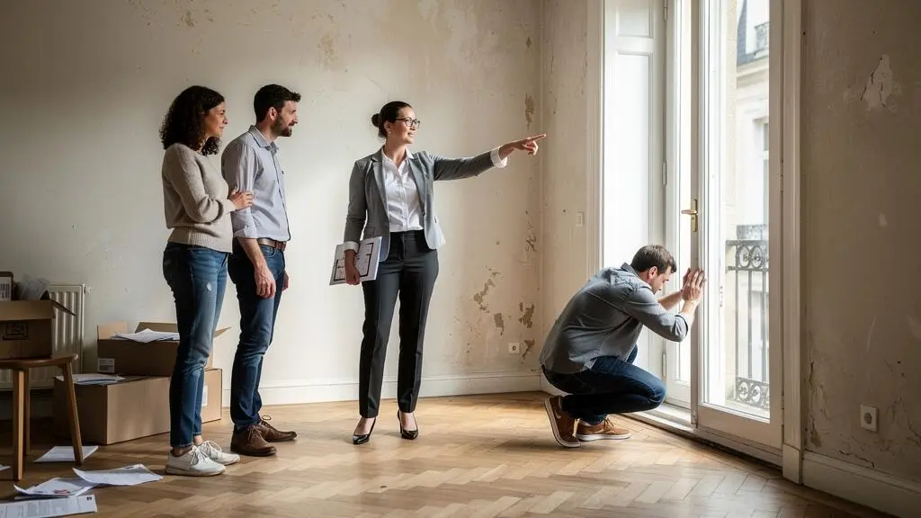 Un agent immobilier accompagne un couple pendant une visite d'appartement et leur indique un détail de la pièce.