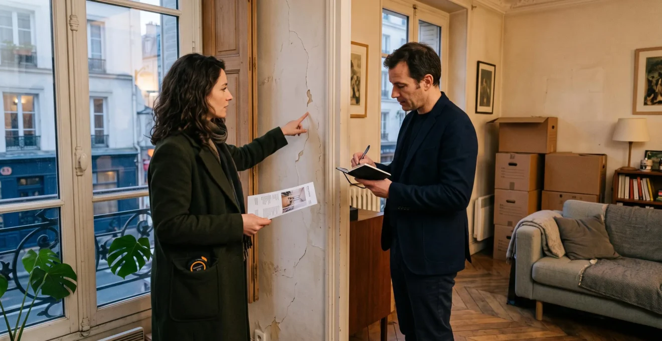 Un acheteur examine un détail sur le mur d'un appartement en compagnie d'un agent immobilier qui prend des notes lors d'une visite.