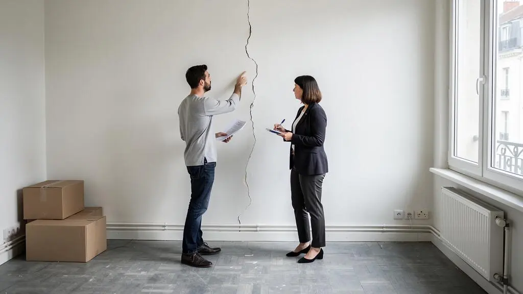 Un acheteur montre un défaut sur le mur d'un appartement à un agent immobilier pendant une visite.