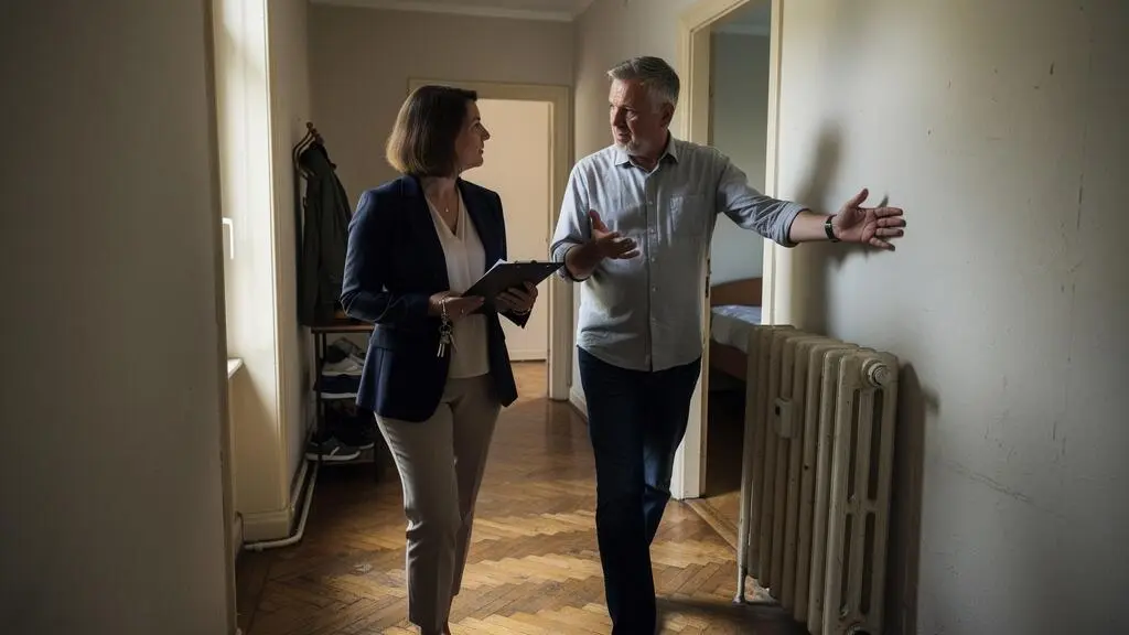 Une gestionnaire de biens visite un appartement avec son propriétaire, un plan de notes et des clés à la main.
