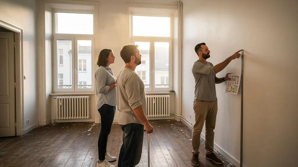 Un couple primo-accédant visite un appartement vide avec un accompagnateur immobilier qui leur explique les caractéristiques du bien.